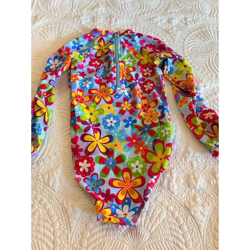 NWOT Little Girl Long Sleeve Colorful Vibrant Floral One-Piece Swimsuit Size 6/7